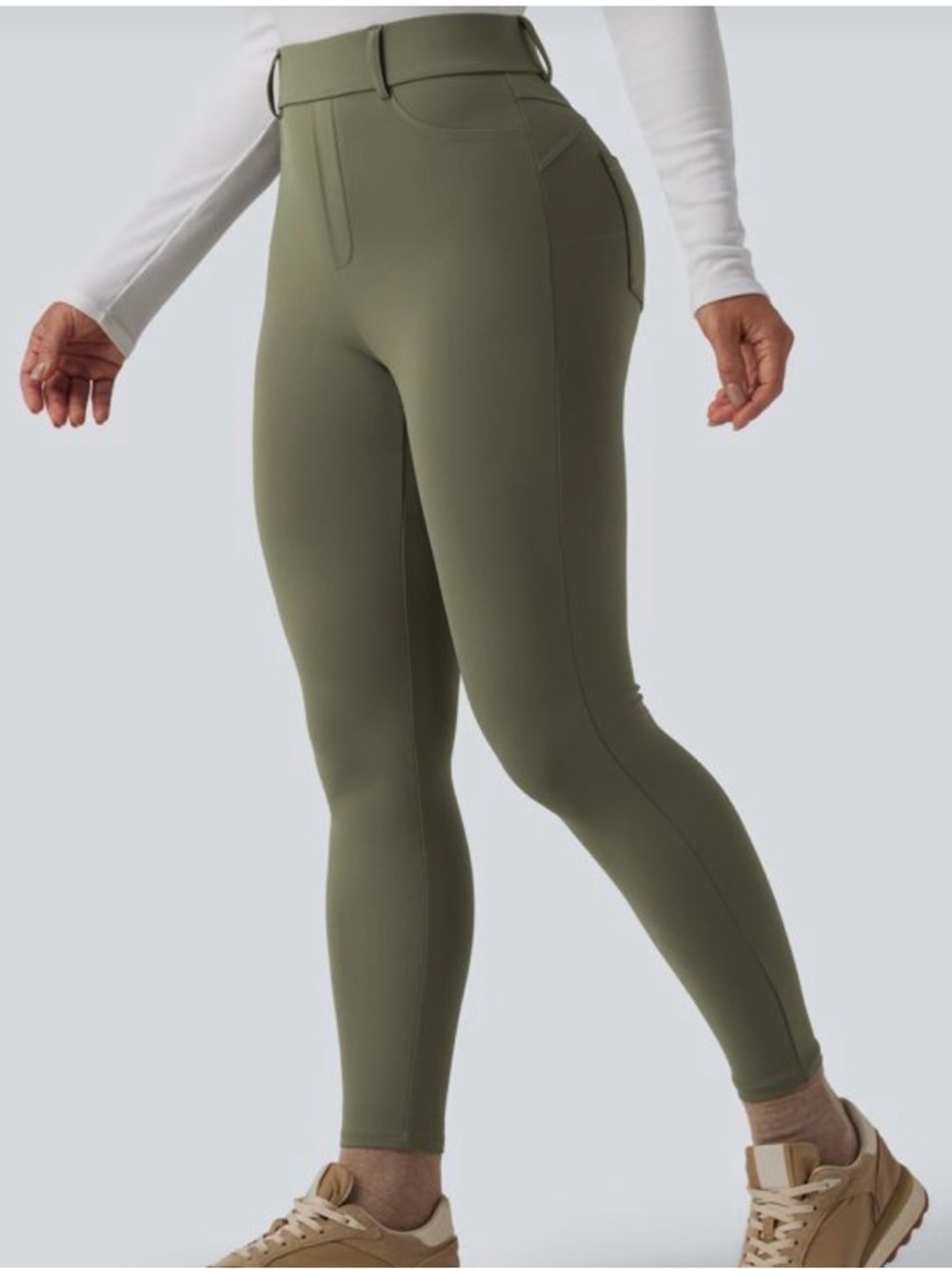 Halara High Rise Leggings 7/8 length Large Grass Grey Green Faux Fly Pull On NEW